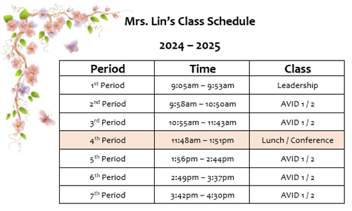 This image contains Mrs. Lin's Class Schedule.